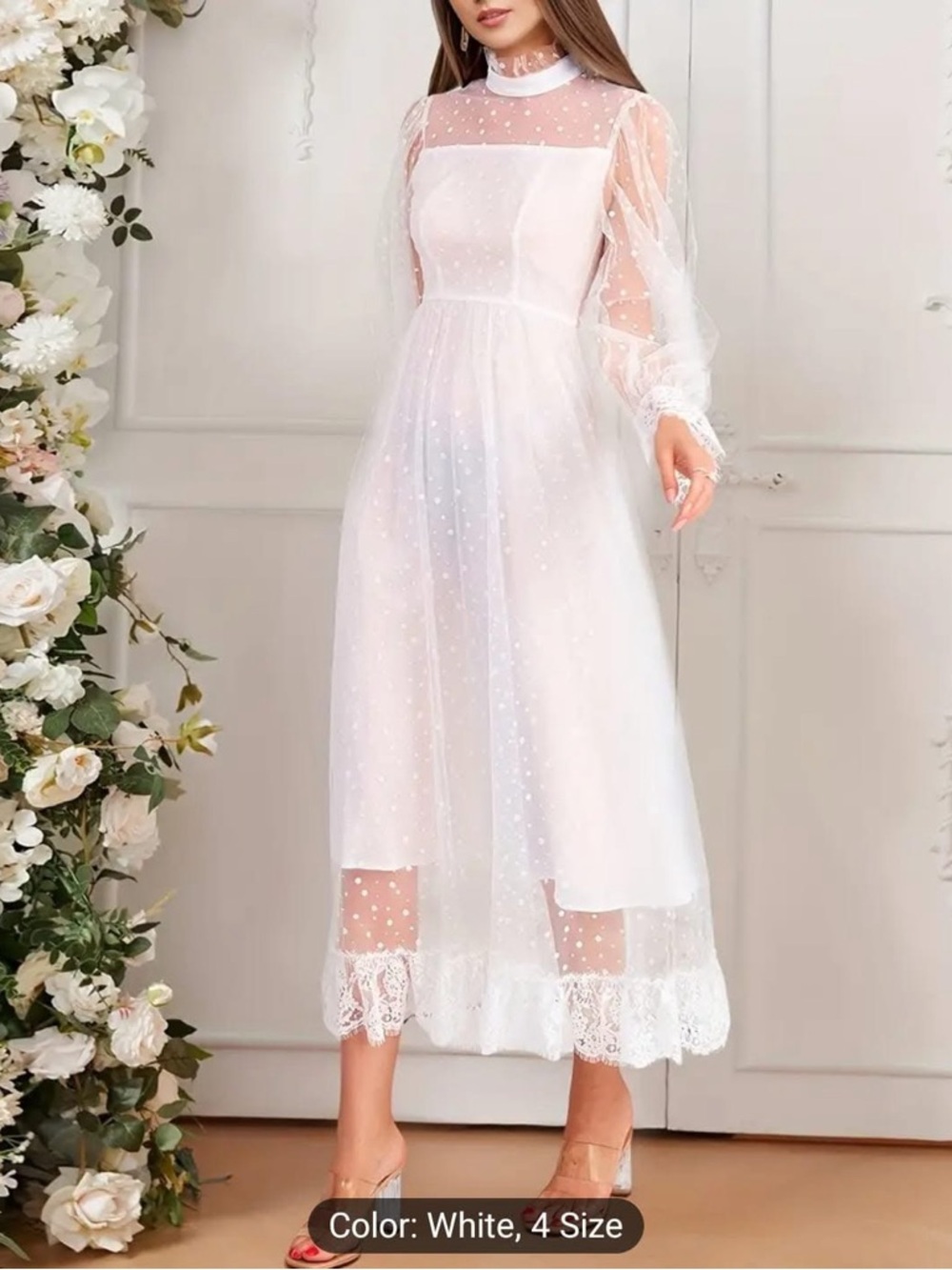 Elegant White Sheer Dot Lace Midi Dress